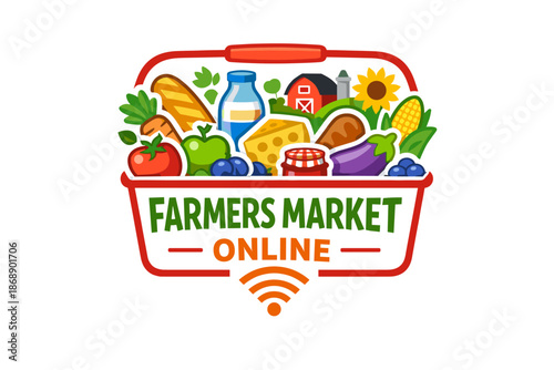 Farmers market online basket with fresh produce and groceries