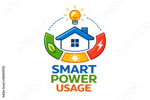 Smart power usage emblem with energy symbols and house design