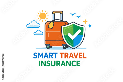 Travel insurance concept with luggage, shield, and sun