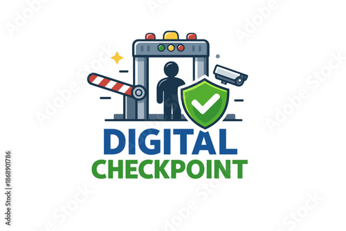 Security checkpoint icon with metal detector and shield emblem