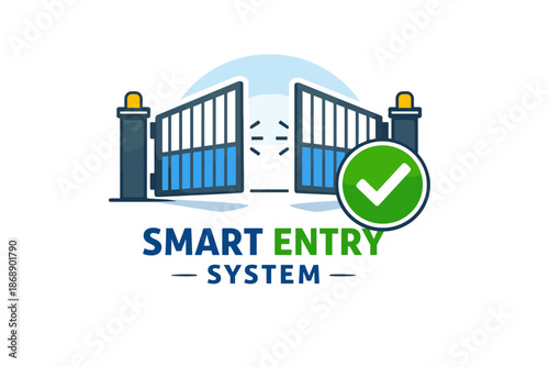 Smart entry system logo with open gates and check mark