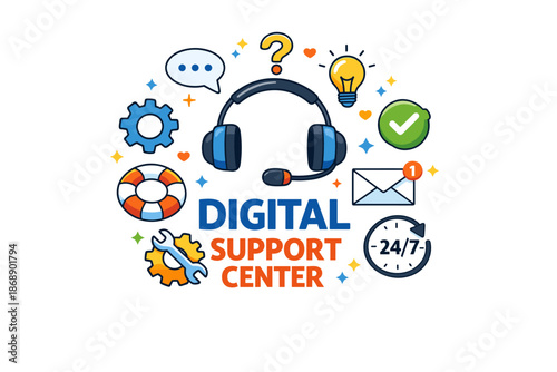 Digital support center icons: headset, tools, email, 24/7 assistance