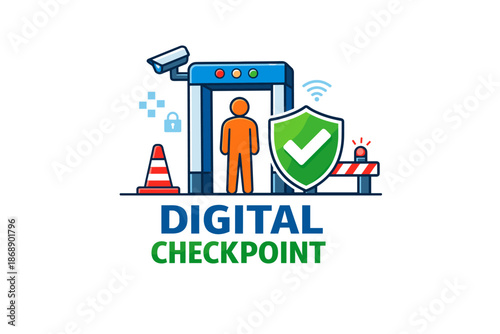 Digital checkpoint security icon with surveillance and access shield