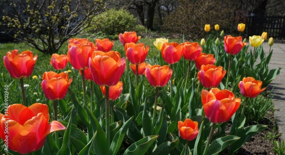 Obraz premium Vibrant orange-red tulips in a garden bed (1)