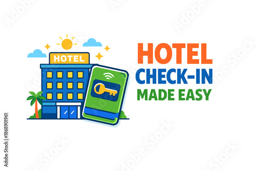 Digital hotel check-in concept with keycard and building icon illustration