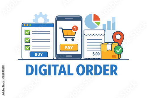 Digital order concept with online shopping icons and mobile payment graphic