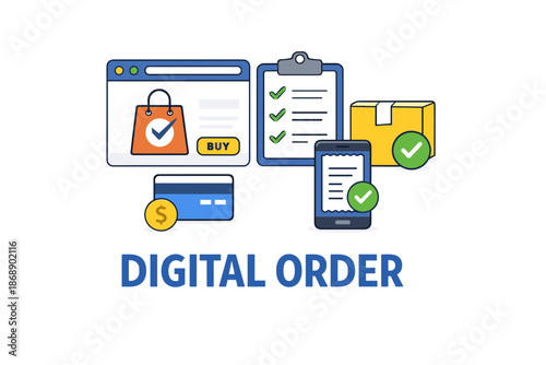 Digital order concept with shopping icons and payment elements
