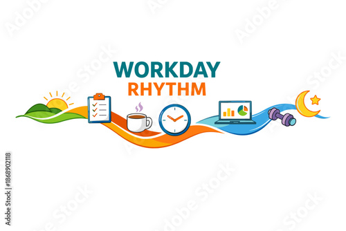 Vibrant workday rhythm illustration with clock, coffee, and laptop