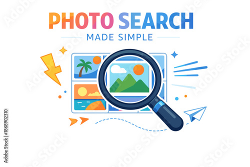 Photo search simplified: magnifying glass over scenic thumbnails