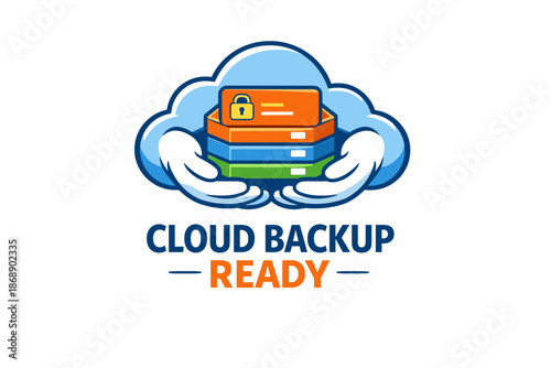 Cloud backup icon with secure server in hands for data protection