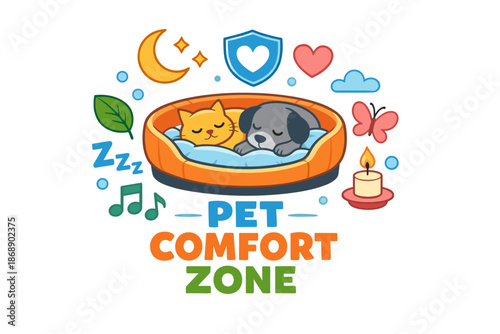 Cute cat and dog sleeping together in cozy pet bed with relaxing symbols