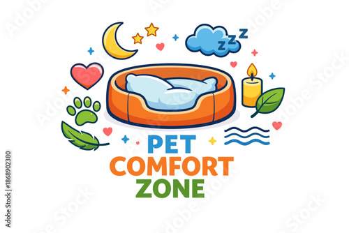 Colorful pet comfort zone with symbols of relaxation and sleep