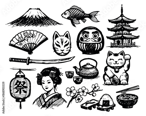 Hand drawn line art Japanese symbols set featuring Mount Fuji, geisha, maneki-neko, and pagoda for cultural design projects