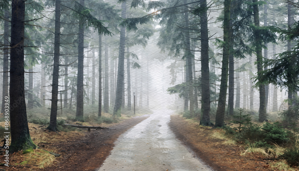 Obraz premium Mist Shrouded Forest Path Through Tall Pines.