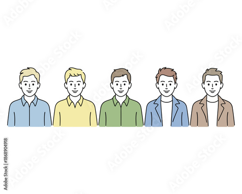 A minimalist vector illustration of five diverse men standing together in a row, representing teamwork and friendship.