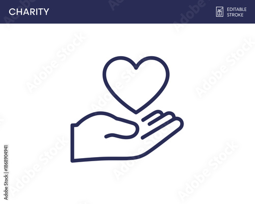 A minimalist vector graphic of a hand holding a heart, symbolizing charity and kindness.