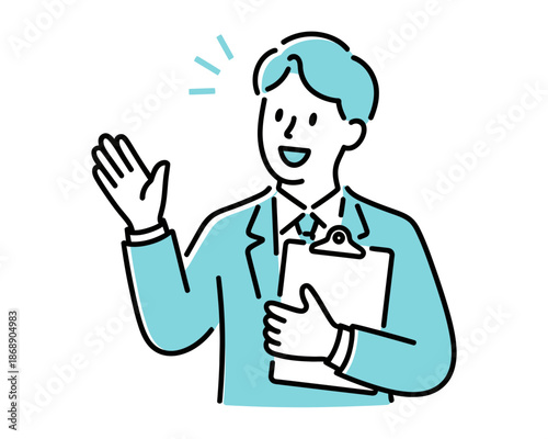 A smiling doctor waving and holding a clipboard in a friendly gesture