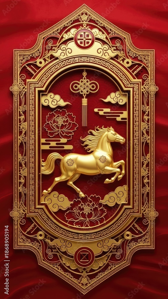 Fototapeta premium Golden Horse Emblem in Ornate Traditional Asian Frame, Symbolizing Prosperity, Strength, and Good Fortune, Adorned with Rich Cultural Motifs on a Luxurious Red Background