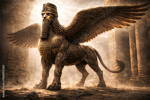 Ancient Lamassu Guardian in Mesopotamian Temple Ruins
