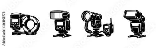 Photography lighting equipment vector icons set: flash, ring light, strobe illustration
