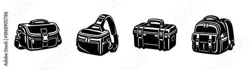 Camera bags vector icons set with backpacks, cases, and shoulder bags designs