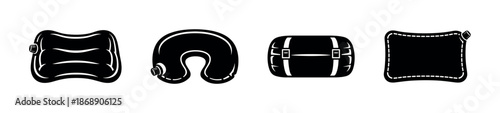 Travel accessories vector icons set: neck pillow, air cushion, luggage tag