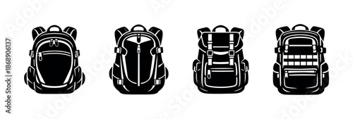 Backpack vector icons set with hiking, travel, and school bag designs