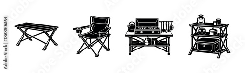 Camping equipment vector icons set: chair, table, stove, outdoor gear symbols