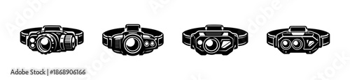 Headlamp vector icons set: flashlight designs, camping, outdoor gear illustrations