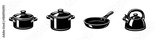 Kitchen utensil collection: vector icons set, pots, pans, kettle, cookware designs
