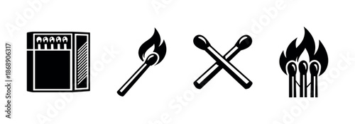 Matchstick vector icons set: matchbox, burning, crossed matches, flame symbols