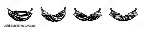 Hammock vector icons set, camping symbols, outdoor relaxation, black hammock set