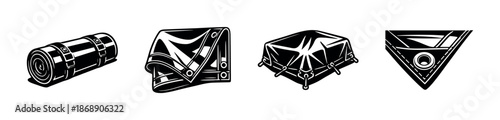 Camping gear vector icons set: tarp, sleeping bag, shelter essentials