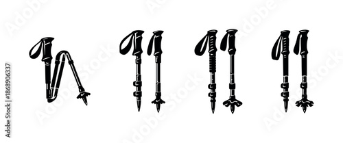 Trekking poles vector icons set. hiking equipment outline symbols. adventure tools.