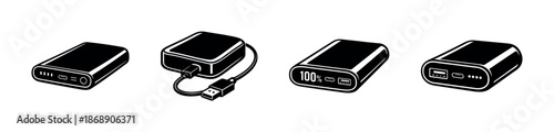 Portable power vector icons set - chargers, batteries, devices, energy symbols