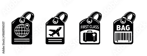 Travel luggage tags vector icons set with labels and symbols for journeys