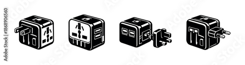 International power adapters vector icons set - travel, plug, charger symbols