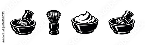 Barber tools vector icons set: shaving bowl, brush, foam, barber essentials