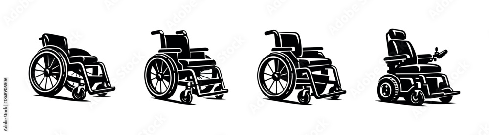Fototapeta premium Wheelchair vector icons set: mobility aids, medical equipment illustrations