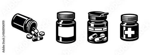 Medicine and pharmacy vector icons set: bottles and pills in black and white