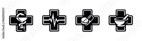 Medical symbols vector icons set, healthcare emblems, pharmacy signs collection