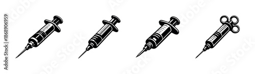 Medical syringe vector icons set. injection, healthcare symbols. flat, black, and outline styles