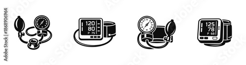 Blood pressure monitor vector icons set: sphygmomanometer, digital, analog, equipment
