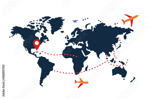 World Map with Airplanes and Dashed Travel Routes – Global Travel and Aviation Concept