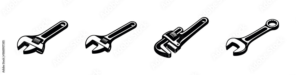 Fototapeta premium Wrench vector icons set for tools and repair illustrations in solid style