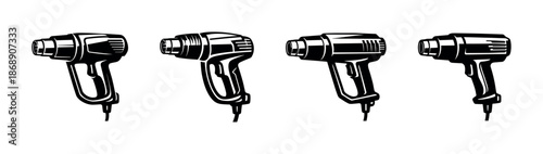 Hair dryer vector icons set: black and white styling tool symbols for design