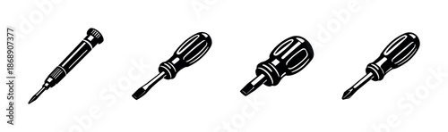 Screwdriver tools vector icons set, flat solid outline, repair, diy craft symbols