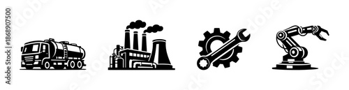 Industrial machinery vector icons set: robotic arm, factory, gear, truck symbols