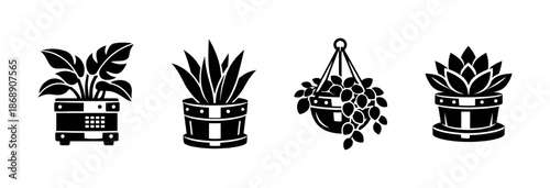 Houseplants vector icons set for decor, indoor greenery, houseplant symbols