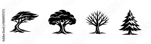 Windy and seasonal trees vector icons set with silhouette tree collection